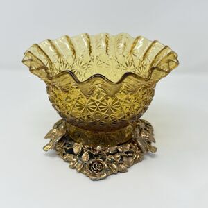 Hamilton Sterling Amber Glass Bowl 24KT Gold Birds Roses Vintage 4 Inch